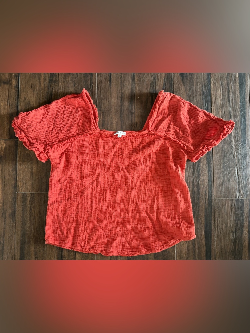 Wonderly Red 100% Cotton Gauze Square-Neck Short Sleeve Women’s Blouse Top Shirt